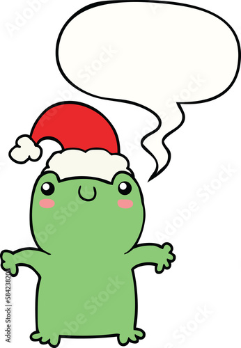 cute cartoon frog wearing christmas hat and speech bubble