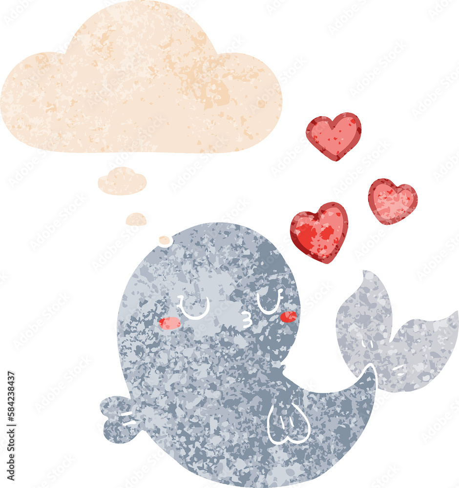 cute cartoon whale in love and thought bubble in retro textured style