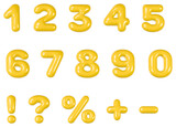 Set of 3d yellow rounded numbers and symbols on white background 