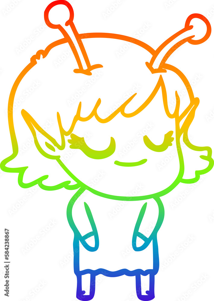 Obraz premium rainbow gradient line drawing smiling alien girl cartoon
