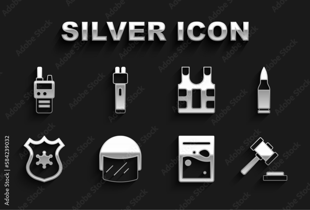 Set Police helmet, Bullet, Judge gavel, Plastic bag of drug, badge, Bulletproof vest, Walkie talkie and electric shocker icon. Vector Set Police helmet, Bullet, Judge gavel, Plastic bag of drug, badge, Bulletproof vest, Walkie talkie and electric shocker icon. Vector