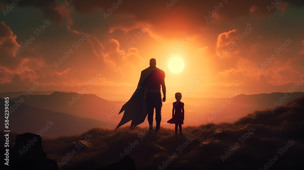 Father and his daughter playing outdoors. Daddy and his child girl in an Superhero's costume