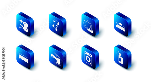 Set Sponge, Washing dishes, Brush for cleaning, Dishwashing liquid bottle, Washer, Water tap, and icon. Vector