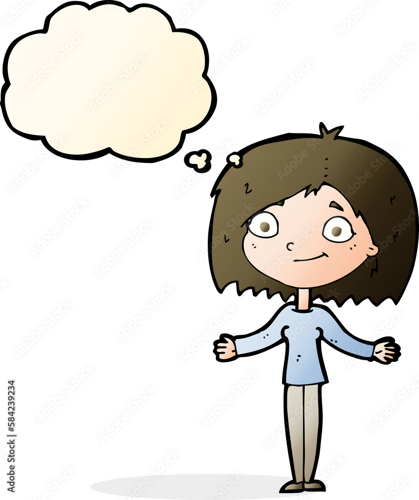 cartoon woman shrugging shoulders with thought bubble cartoon woman shrugging shoulders with thought bubble