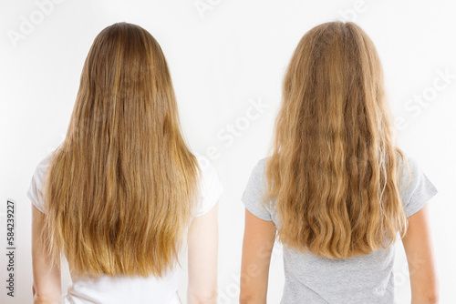Caucasian woman blonde undyed hair type set back view isolated on white background. Different hairstyle, wavy curly healthy blond natural hair. Shampoo for any hair types concept.