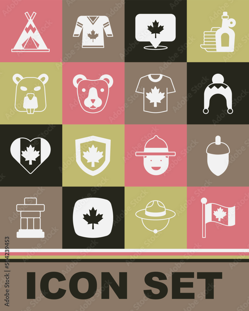 Set Flag of Canada, Acorn, Winter hat, Canadian maple leaf, Bear head, Beaver animal, Indian teepee wigwam and Hockey jersey icon. Vector Set Flag of Canada, Acorn, Winter hat, Canadian maple leaf, Bear head, Beaver animal, Indian teepee wigwam and Hockey jersey icon. Vector