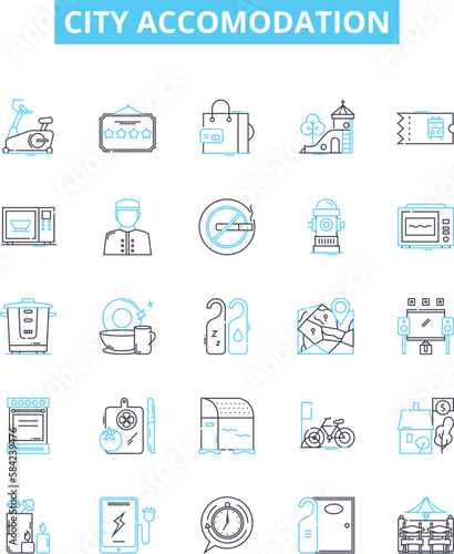 City accomodation vector line icons set. Urban, lodging, housing, habitation, flat, abode, suite illustration outline concept symbols and signs