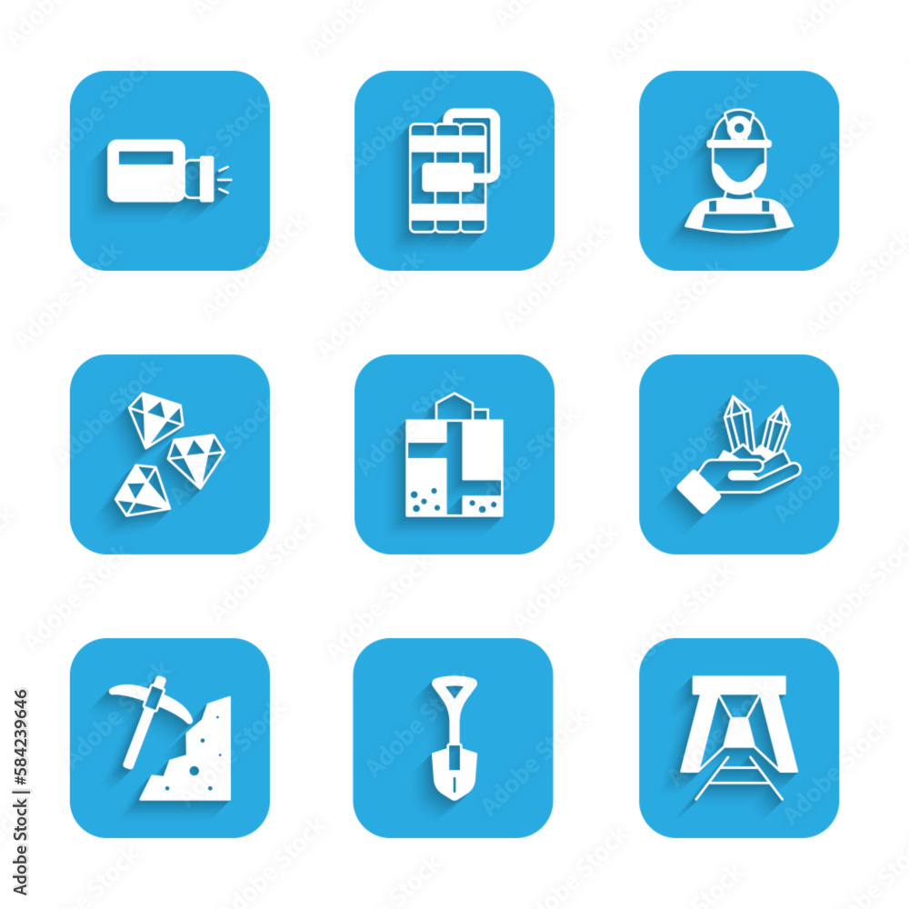 Set Mine entrance, Shovel, Gem stone, Pickaxe, Miner helmet and Flashlight icon. Vector Set Mine entrance, Shovel, Gem stone, Pickaxe, Miner helmet and Flashlight icon. Vector