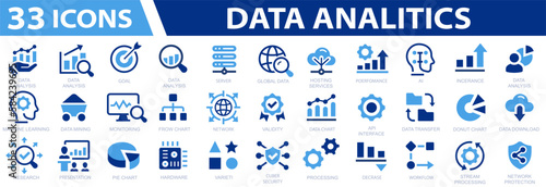 Data analysis 33 icon set. Data analysis technology symbol. Statistics, analytics, server, monitoring, computing and network. Vector illustration
