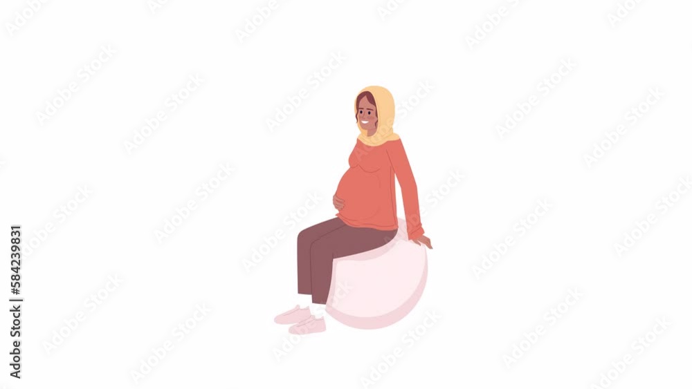 Animated pregnant on fitness ball. Happy woman preparing for easy ...