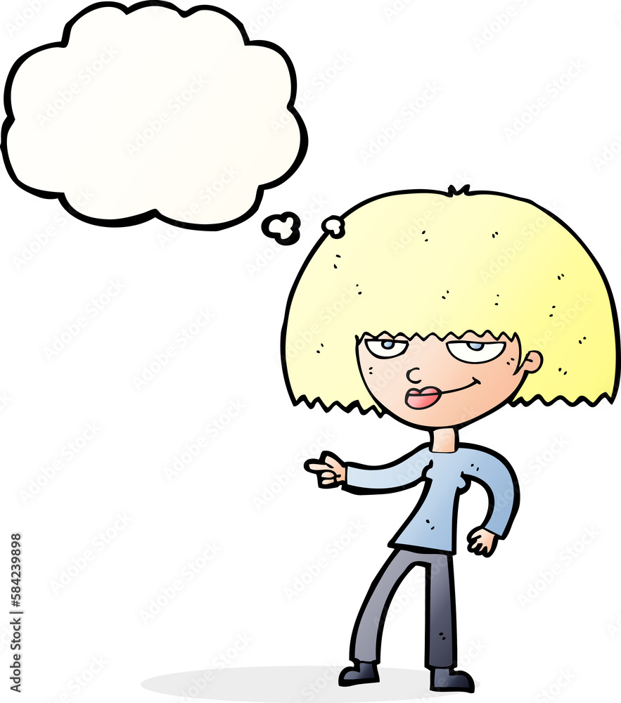 cartoon happy woman pointing with thought bubble cartoon happy woman pointing with thought bubble