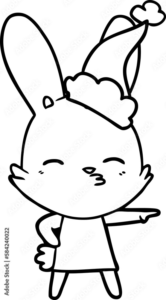 curious bunny line drawing of a wearing santa hat curious bunny line drawing of a wearing santa hat