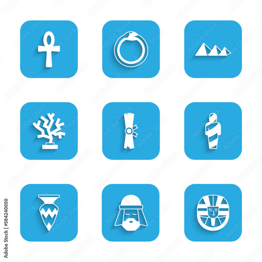 Set Papyrus scroll, Egyptian man, pharaoh, mummy, vase, Coral, pyramids and Cross ankh icon. Vector Set Papyrus scroll, Egyptian man, pharaoh, mummy, vase, Coral, pyramids and Cross ankh icon. Vector