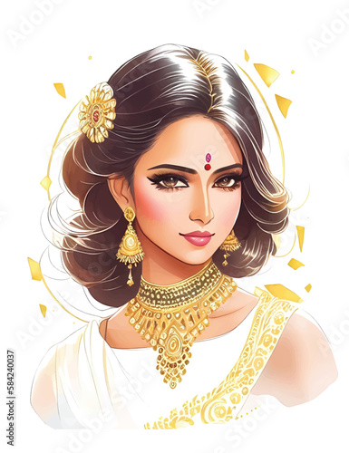 Watercolor indian woman. Painting fashion illustration. Hand drawn portrait of pretty girl on white background