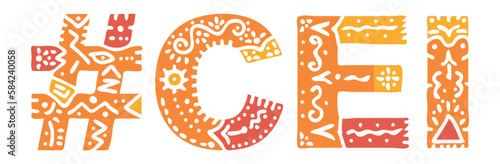 CEI Hashtag. Isolated text with national ethnic ornament. Patterned Popular Hashtag #CEI for social network, web resources, mobile app, games, clothing, t-shirt, banner, adv. Stock vector image