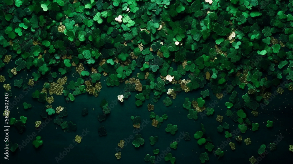 Happy St Patrick's Day decoration background concept made from green glitter lucky shapes Happy St Patrick's Day decoration background concept made from green glitter lucky shapes