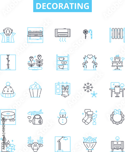 Decorating vector line icons set. Paint, Wallpaper, Furnishings, Curtains, Rugs, Carpets, Artwork illustration outline concept symbols and signs