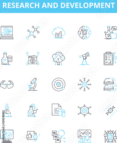 Research and Development vector line icons set. Research, Development, Innovation, Strategy, Analysis, Design, Modeling illustration outline concept symbols and signs