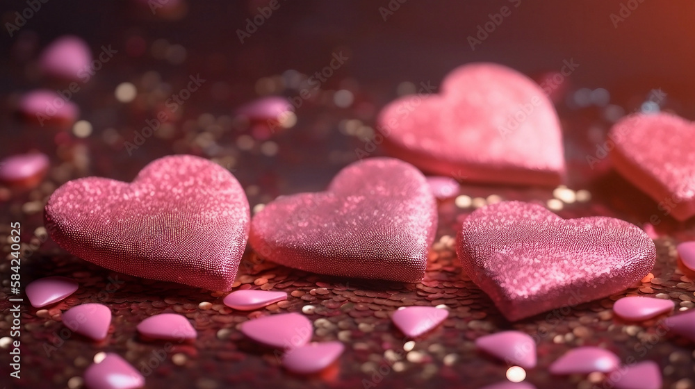 Fototapeta premium Love hearts with pink glitters on full background