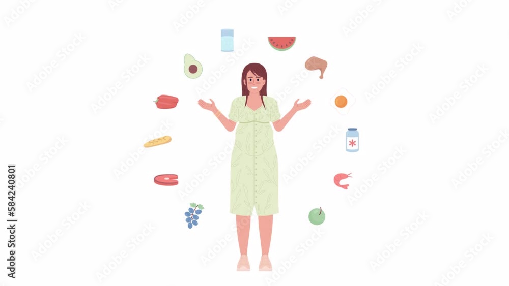 Animated pregnancy diet. Meal plan. Healthy eating for expectant lady. 2D cartoon flat character 4K video footage on white with alpha channel transparency. Concept animation for web design Animated pregnancy diet. Meal plan. Healthy eating for expectant lady. 2D cartoon flat character 4K video footage on white with alpha channel transparency. Concept animation for web design