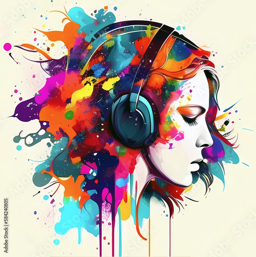 Creative music background. Colorful head wearing headphones on bright background Sound inspiration. Created with Generative AI.