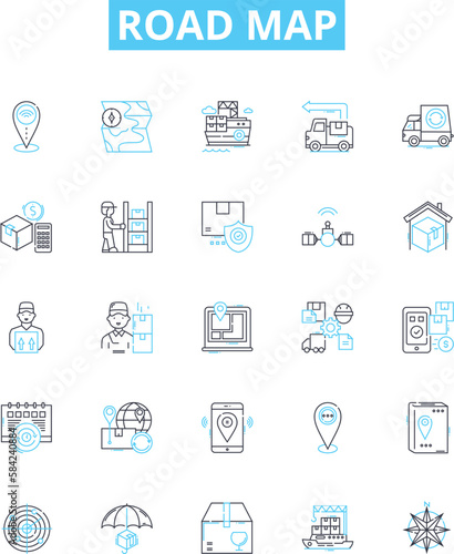 Road map vector line icons set. Route, Map, Path, Trace, Guide, Trajectory, Journey illustration outline concept symbols and signs