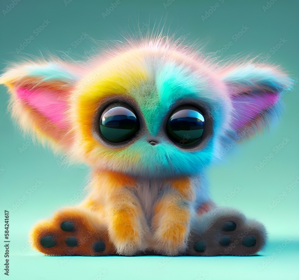 fluffy little alien puppy with cute, big eyes and colorful soft fur