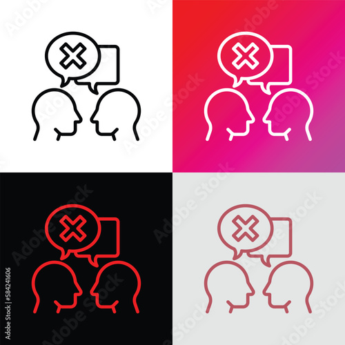 Misunderstanding in conversation between two persons. People are talking and in one speech bubble is cross mark. Conflict, disagreement. Modern vector illustration.