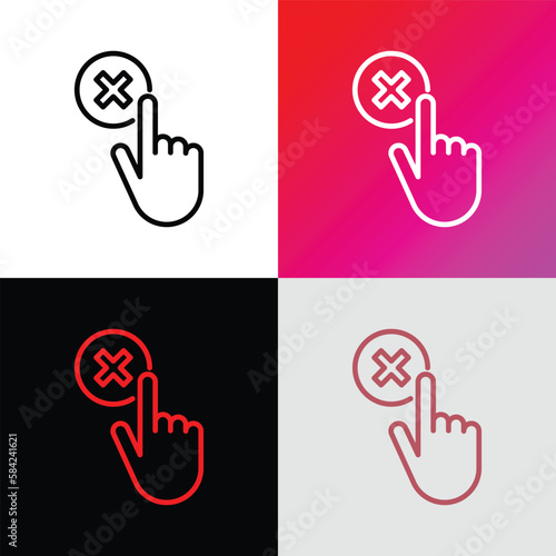Cancel thin line icon: hand clicks button with cross mark. Rejected, declined. Modern vector illustration.