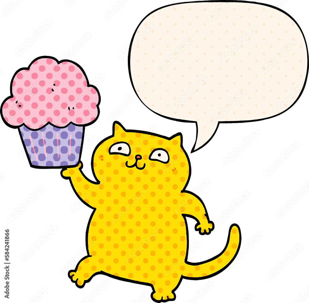 cartoon cat and cupcake and speech bubble in comic book style cartoon cat and cupcake and speech bubble in comic book style