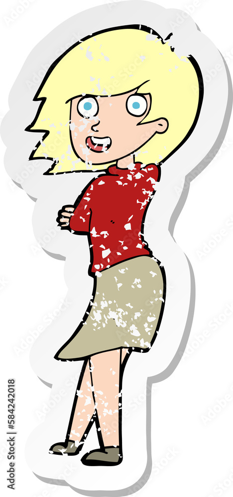 retro distressed sticker of a cartoon happy woman retro distressed sticker of a cartoon happy woman