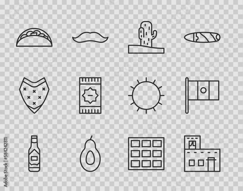 Set line Tabasco sauce, Mexican house, Cactus, Avocado, Taco with tortilla, carpet, Chocolate bar and Mexico flag icon. Vector