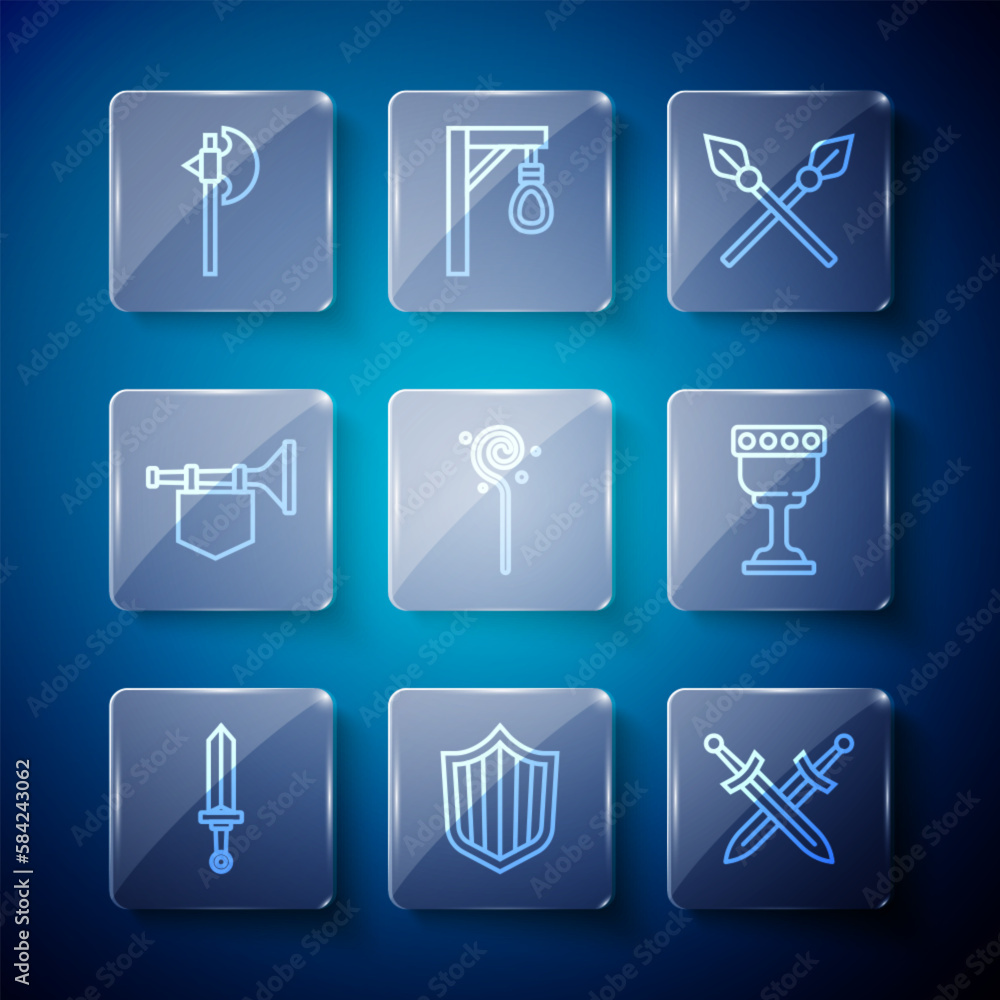 Set line Medieval sword, Shield, Crossed medieval, spears, Magic staff, Trumpet with flag, axe and goblet icon. Vector Set line Medieval sword, Shield, Crossed medieval, spears, Magic staff, Trumpet with flag, axe and goblet icon. Vector