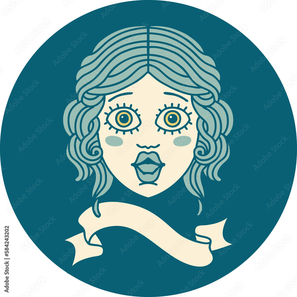 icon with banner of female face icon with banner of female face