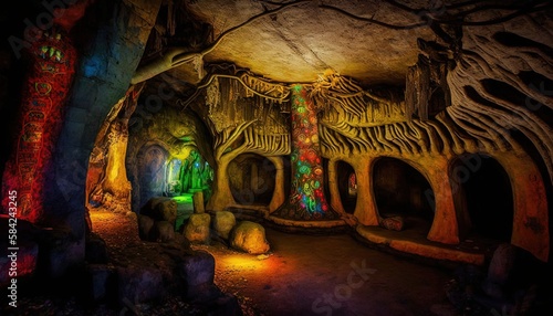 fantasy journey cave with colorful light glow inside, Generative Ai © QuietWord