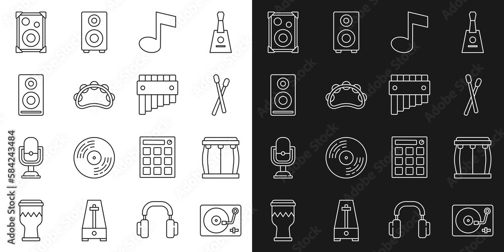 Set line Vinyl player with vinyl disk, Drum, sticks, Music note, tone, Tambourine, Stereo speaker, and Pan flute icon. Vector Set line Vinyl player with vinyl disk, Drum, sticks, Music note, tone, Tambourine, Stereo speaker, and Pan flute icon. Vector