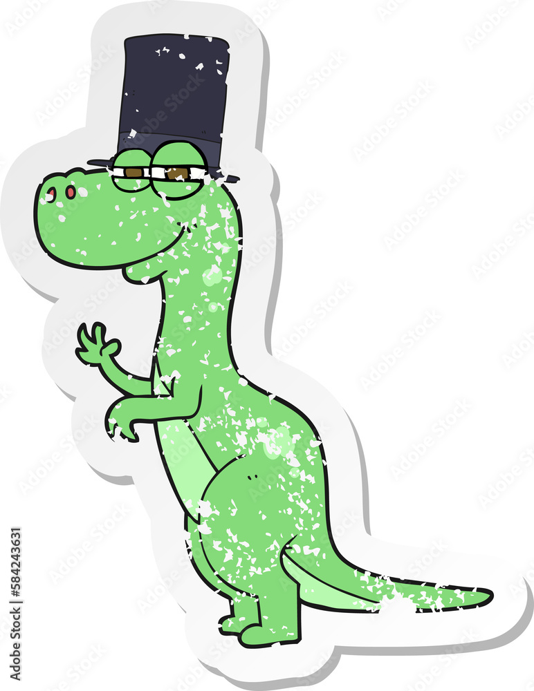 retro distressed sticker of a cartoon dinosaur wearing top hat retro distressed sticker of a cartoon dinosaur wearing top hat