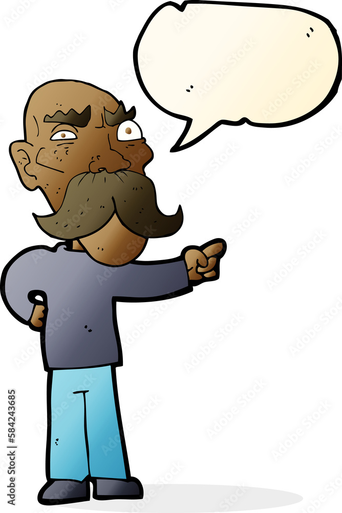 cartoon annoyed old man pointing with speech bubble