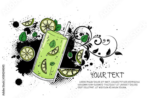 Vector hand drawn cocktail fresh lemonad soda summer drink poster retro style.