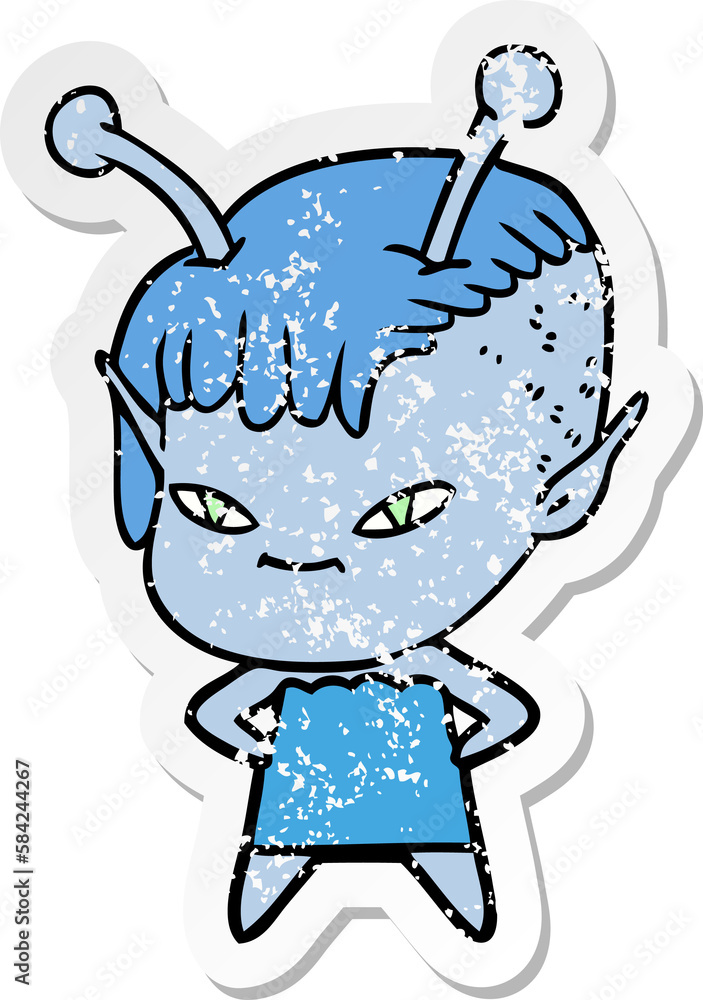 distressed sticker of a cute cartoon alien girl distressed sticker of a cute cartoon alien girl