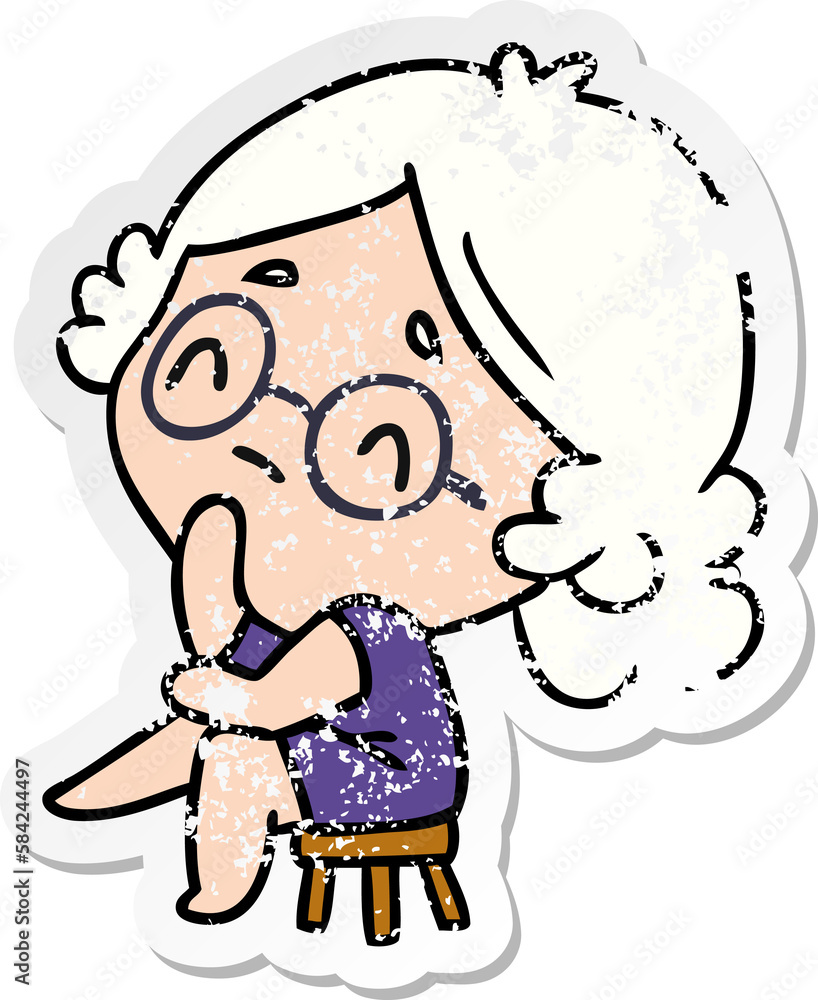 Obraz premium distressed sticker cartoon of a cute kawaii lady thinking