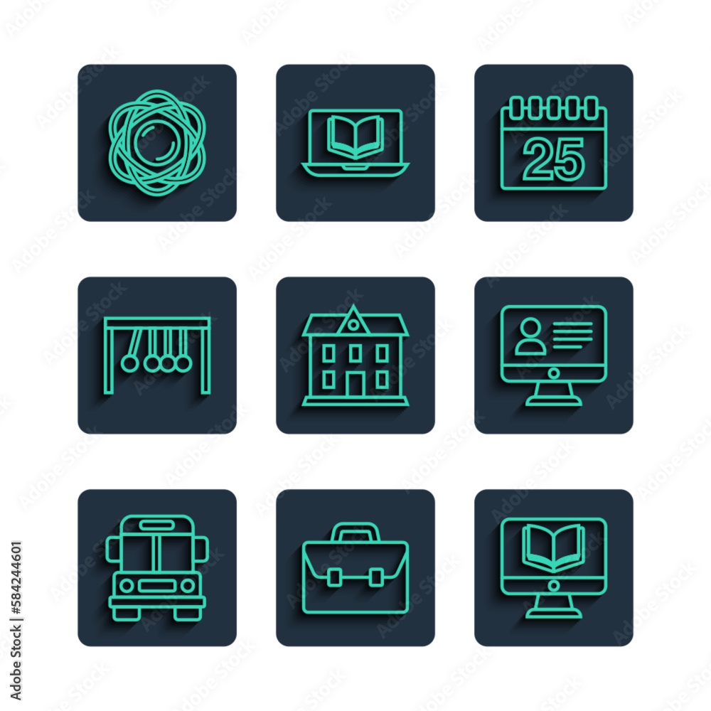 Set line School Bus, Briefcase, Online class, Calendar, building, Pendulum, Atom and icon. Vector Set line School Bus, Briefcase, Online class, Calendar, building, Pendulum, Atom and icon. Vector