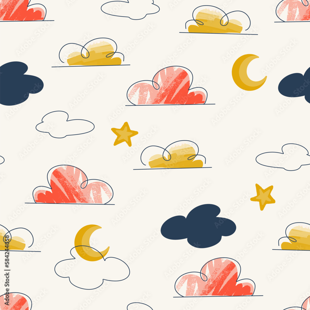 Textured Doodle Clouds and Stars Vector Seamless Pattern