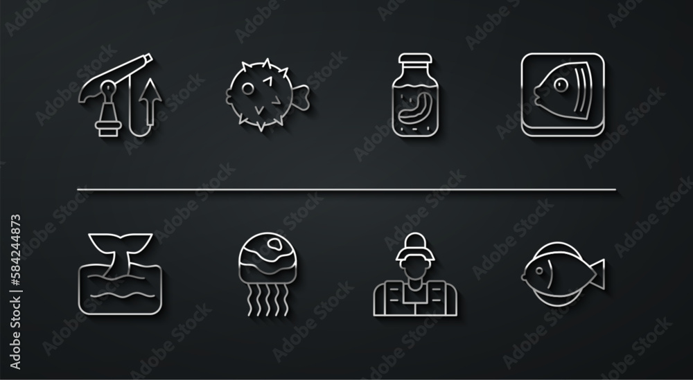 Set line Fishing harpoon, Whale tail ocean wave, head, Fisherman, Jellyfish, hedgehog, and Sea cucumber jar icon. Vector Set line Fishing harpoon, Whale tail ocean wave, head, Fisherman, Jellyfish, hedgehog, and Sea cucumber jar icon. Vector