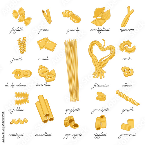 Collection of pasta. Set of different types of pasta isolated on white background. Vector graphics