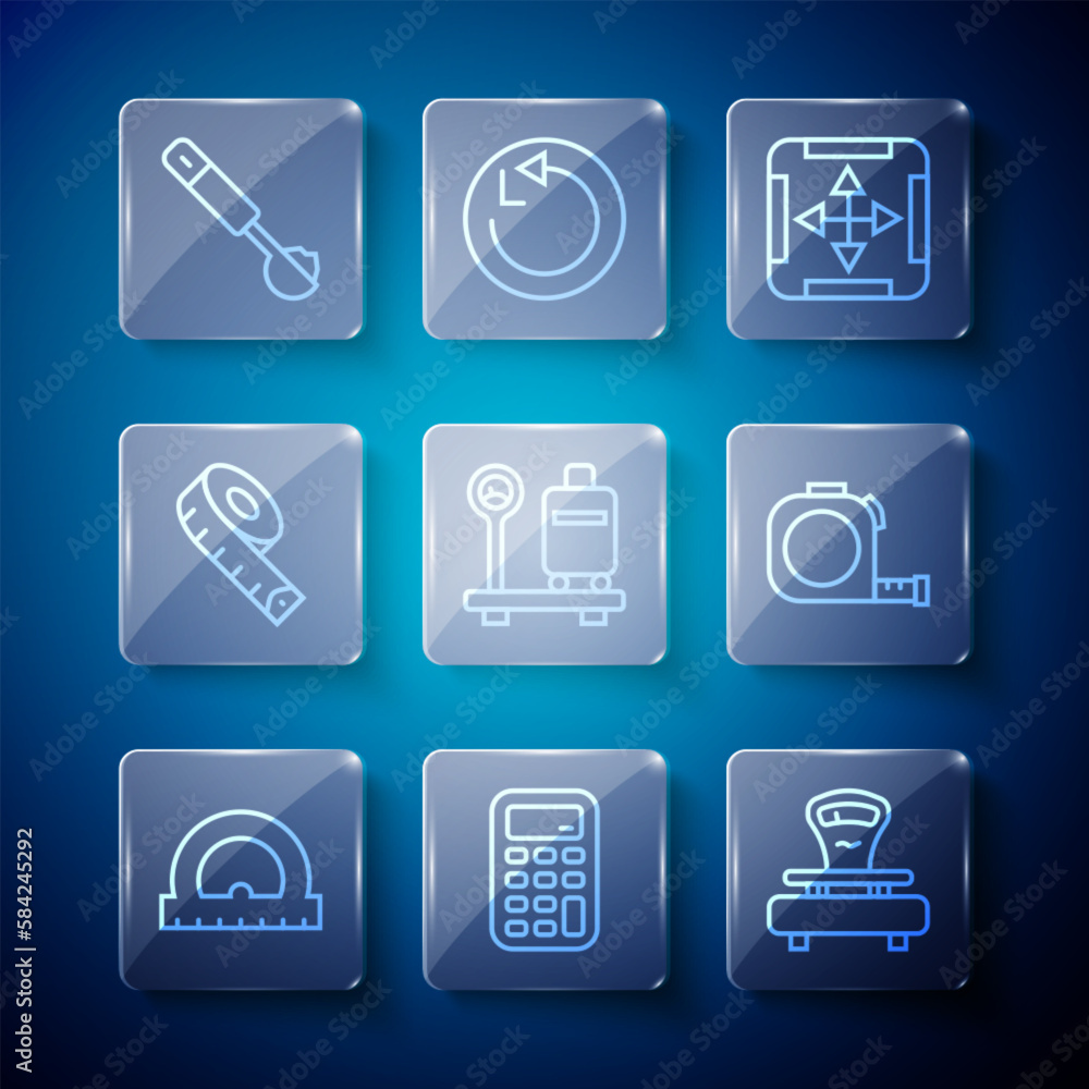 Set line Protractor, Calculator, Scales, Area measurement, with suitcase, Measuring tape, spoon and Roulette construction icon. Vector Set line Protractor, Calculator, Scales, Area measurement, with suitcase, Measuring tape, spoon and Roulette construction icon. Vector