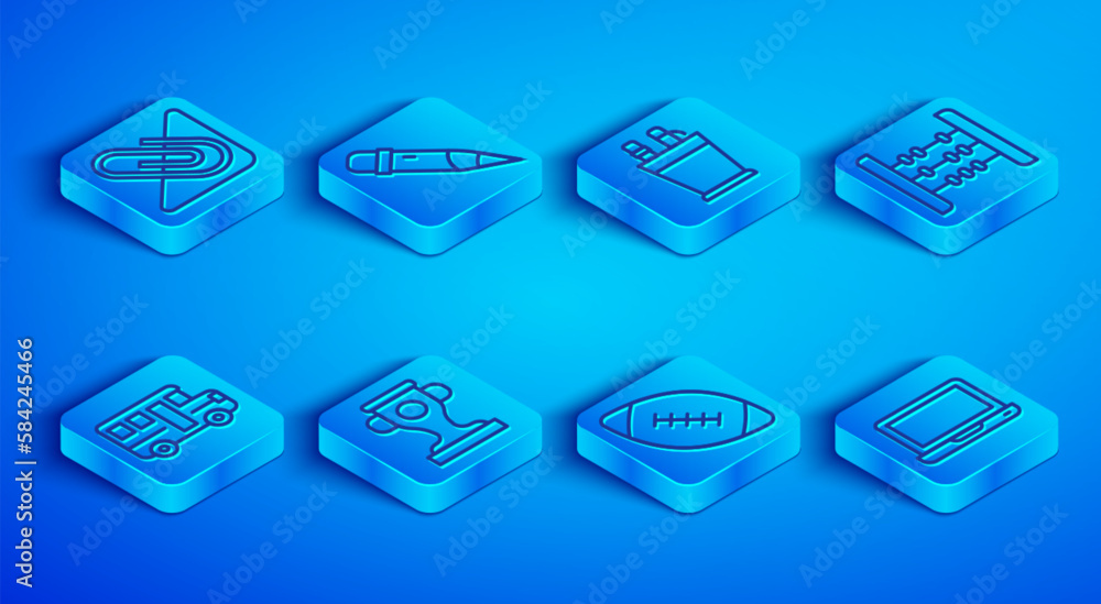 Set line Paper clip, Pencil with eraser, case stationery, Award cup, American football ball, Abacus, School Bus and Laptop icon. Vector Set line Paper clip, Pencil with eraser, case stationery, Award cup, American football ball, Abacus, School Bus and Laptop icon. Vector