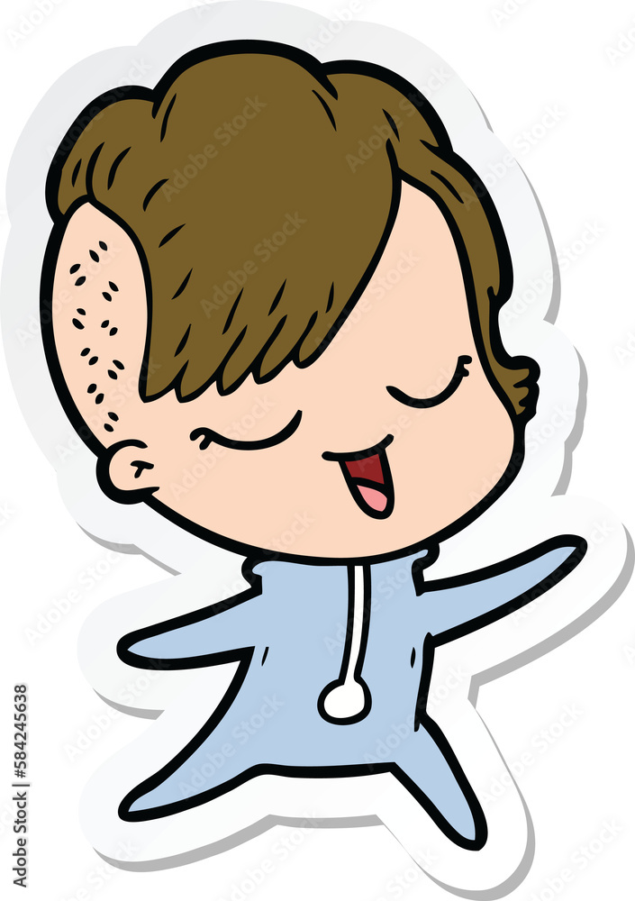 sticker of a happy cartoon girl in onesie