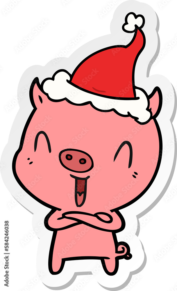 happy sticker cartoon of a pig wearing santa hat happy sticker cartoon of a pig wearing santa hat