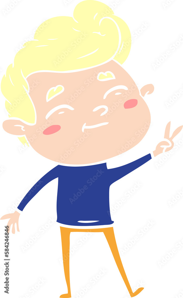 happy flat color style cartoon man giving a peace sign